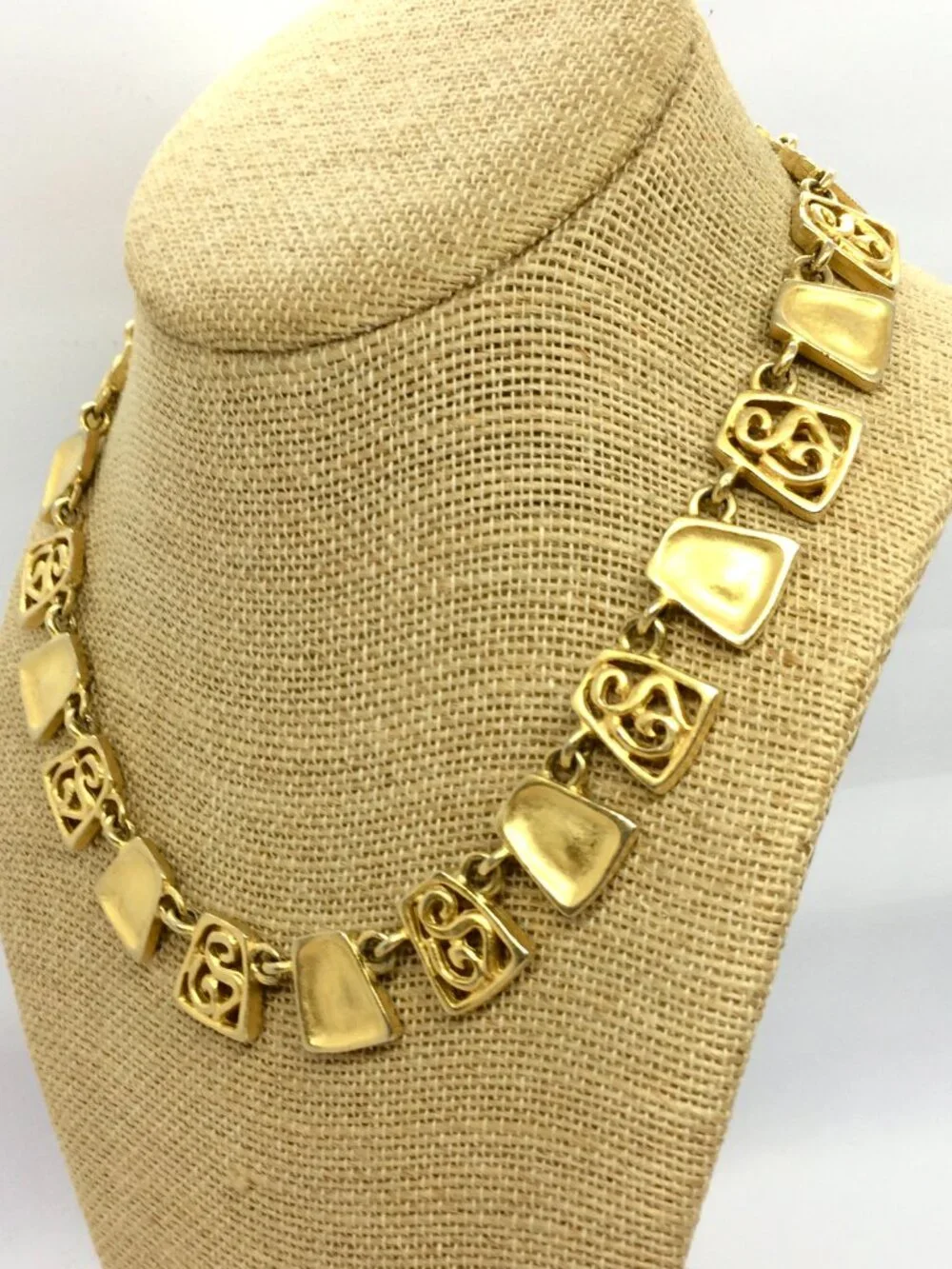 VINTAGE GOLD TONE Necklace Etruscan Revival Filigree Collar Brushed 16
